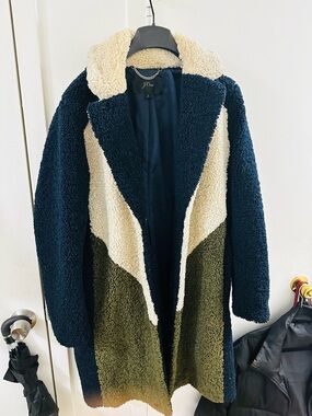 J. Crew Colorblock Sherpa Coat in Navy, Cream & Olive Green